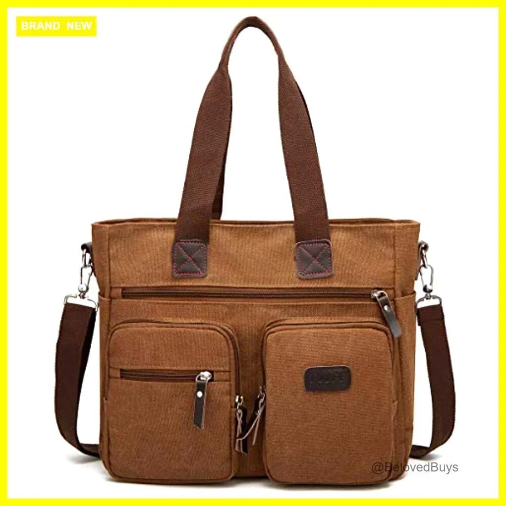 Canvas Satchel Tote with Adjustable Strap, Multiple Pockets, Work Travel Bag
